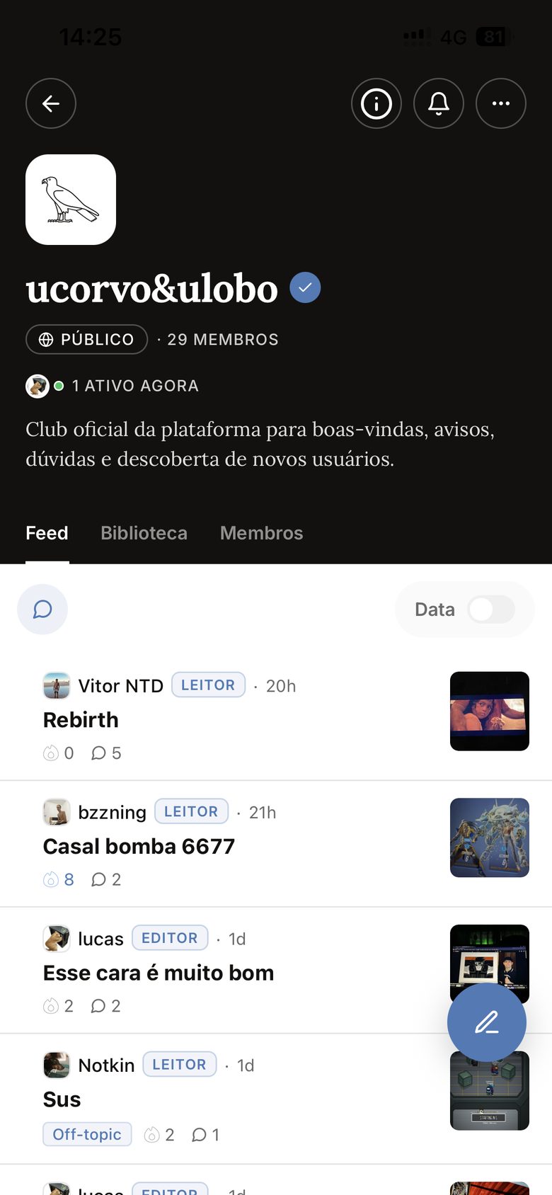 Tela de um club público no ucorvo&ulobo, com identidade visual própria, feed, chat e membros ativos