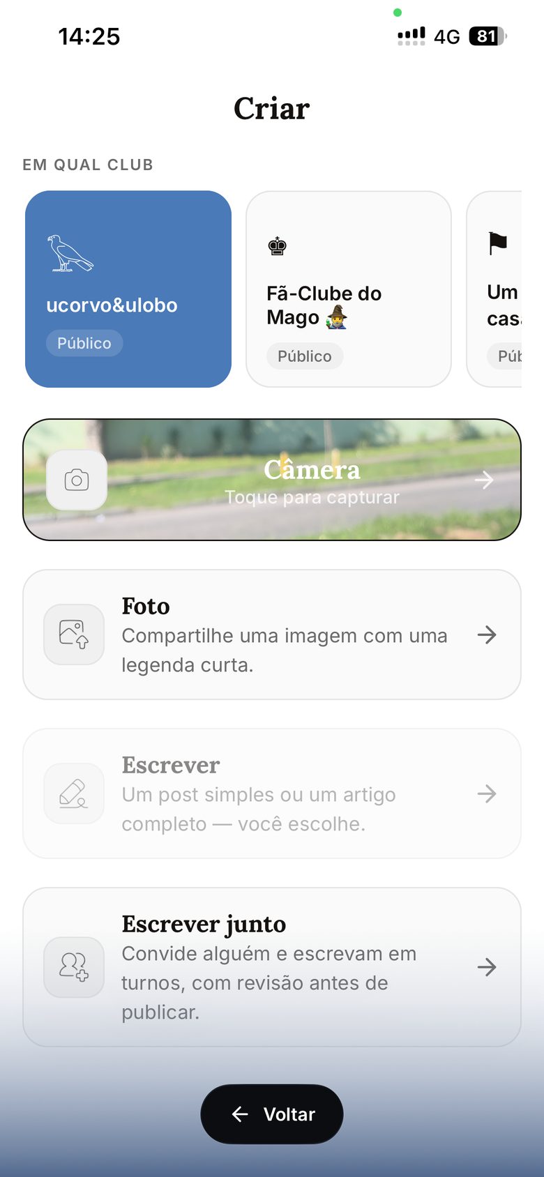 Tela de criação de conteúdo no ucorvo&ulobo: foto, artigo ou escrita em dupla