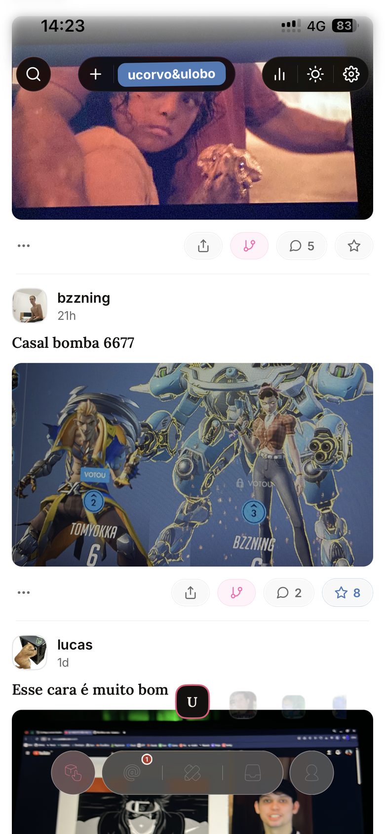 Feed pessoal do ucorvo&ulobo, com posts de texto e foto dos clubes que você participa