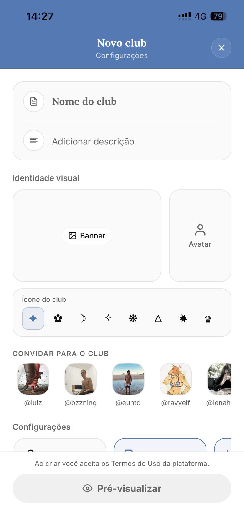 Tela de criação de um novo club no ucorvo&ulobo com banner, avatar, ícone e convites