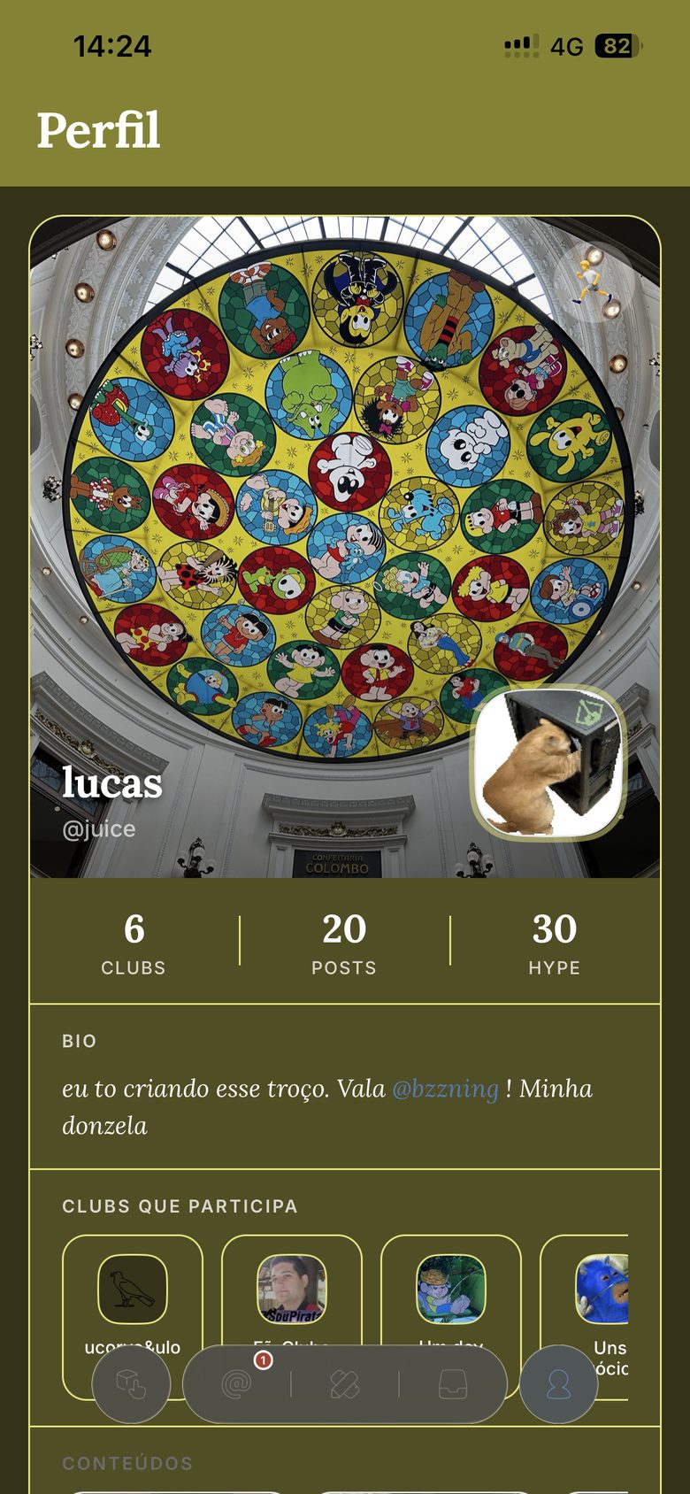 Tela de perfil no ucorvo&ulobo com clubes, posts e hypes recebidos